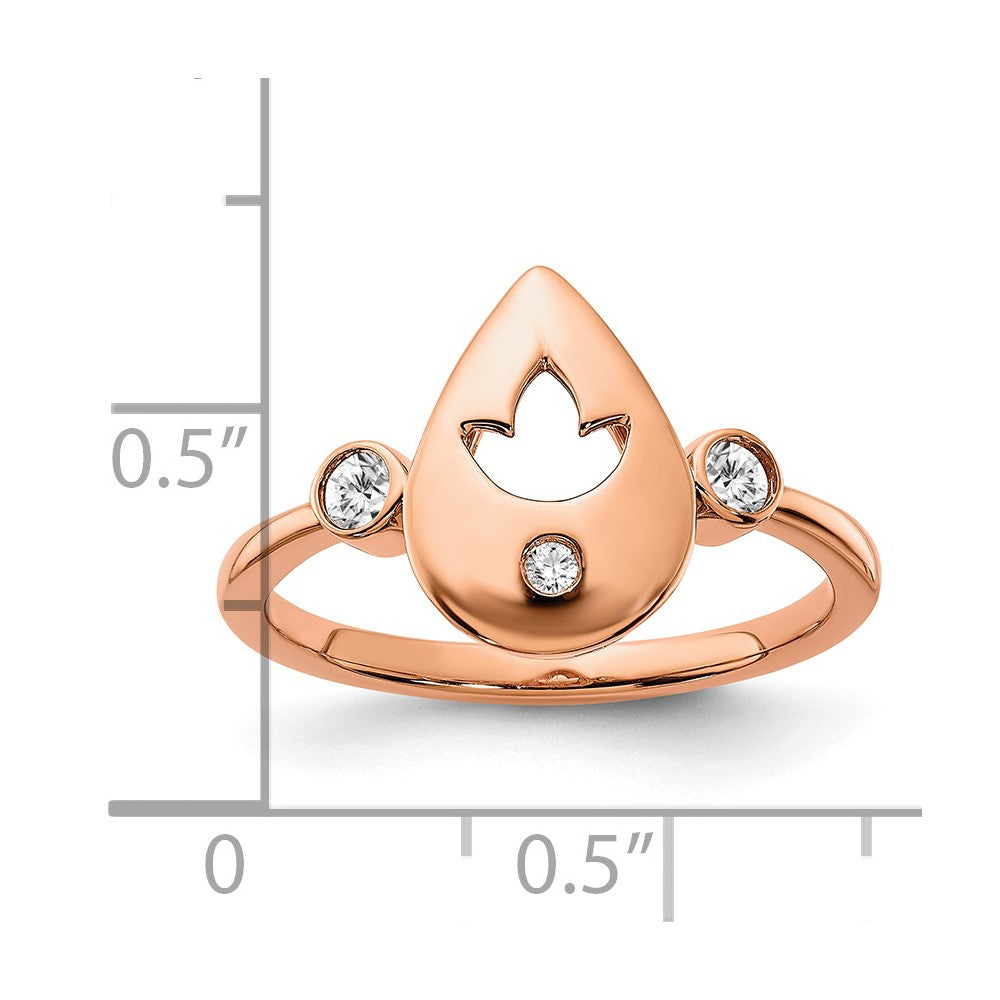 14K Roségold Ring mit poliertem, echtem Diamant-Tropfen und Blumenmotiv