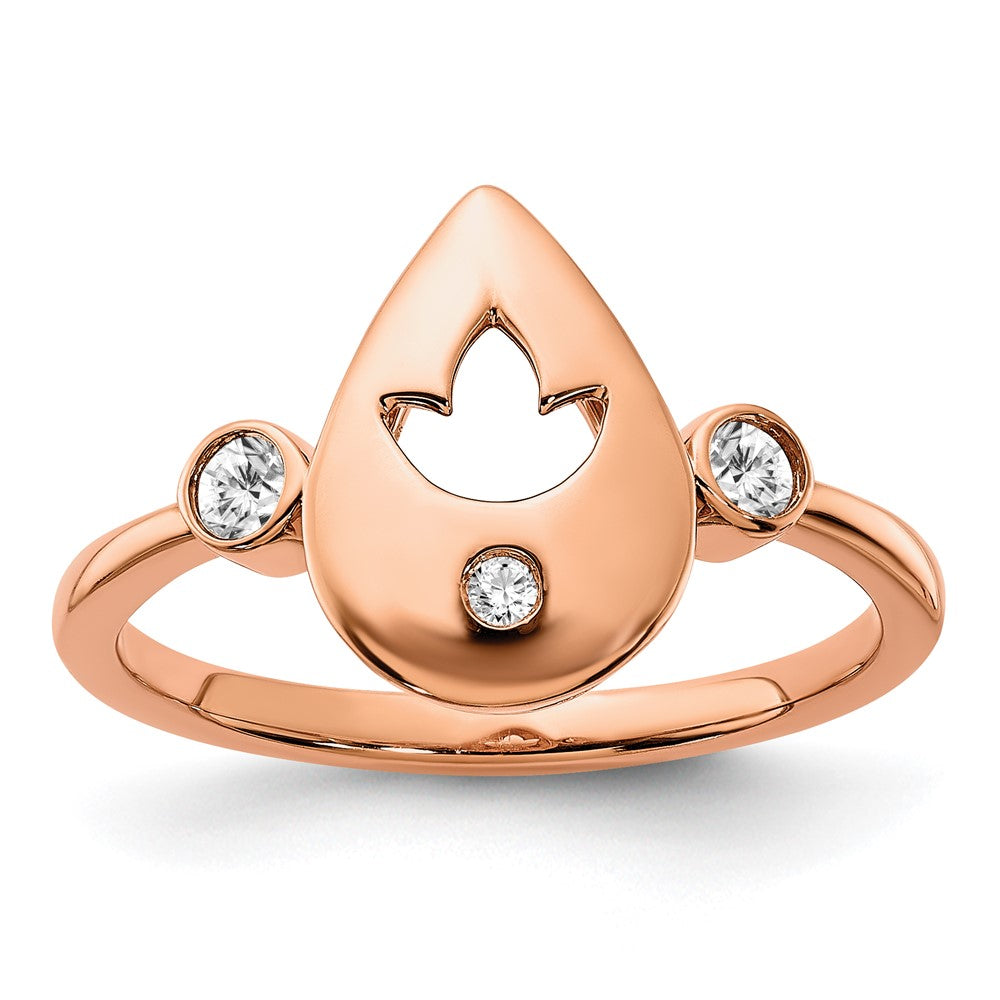 14K Roségold Ring mit poliertem, echtem Diamant-Tropfen und Blumenmotiv