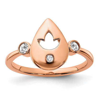 14K Roségold Ring mit poliertem, echtem Diamant-Tropfen und Blumenmotiv