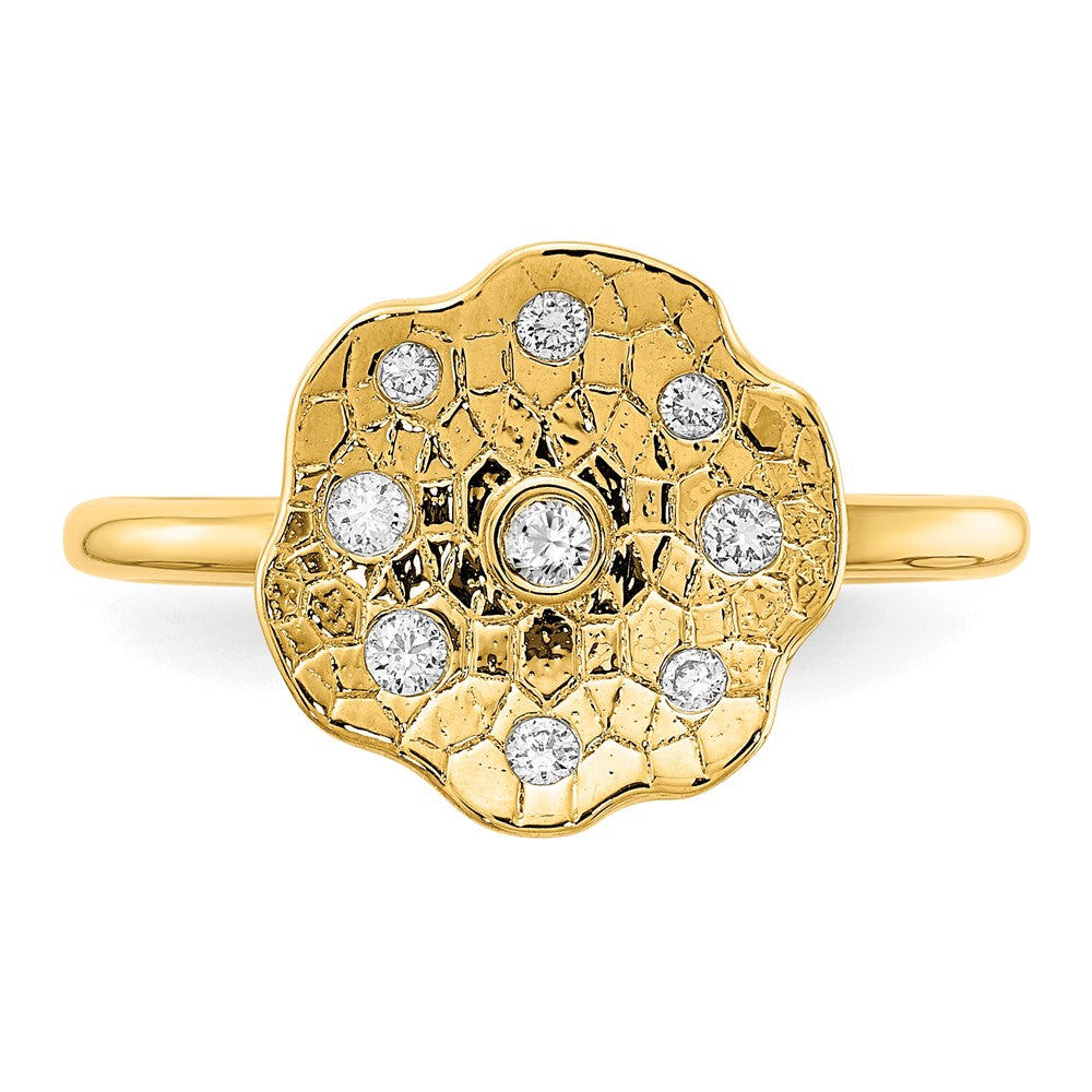 14K Gelbgold Ring mit poliertem und texturiertem Kreis aus echten Diamanten