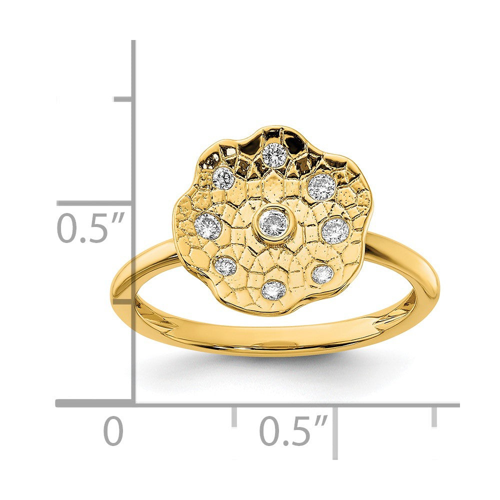 14K Gelbgold Ring mit poliertem und texturiertem Kreis aus echten Diamanten