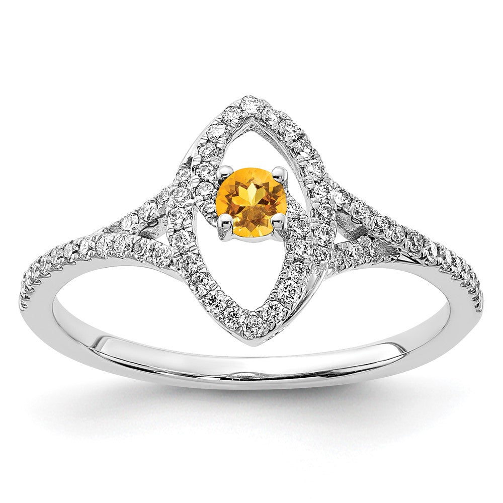 14K Weißgold Ring poliert mit echtem Diamant und Citrin
