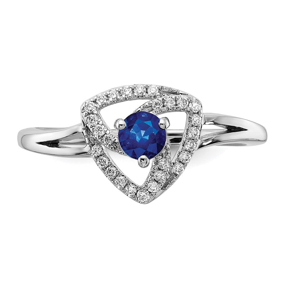 14K Weißgold Ring mit echten Diamanten und blauen Saphiren, Dreieck-Design