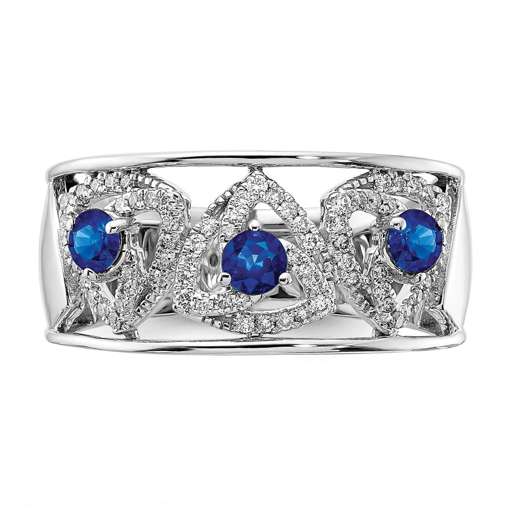 14K Weißgold Ring mit echten Diamant- und Blau-Saphir-Dreiecken