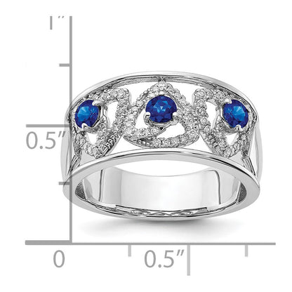 14K Weißgold Ring mit echten Diamant- und Blau-Saphir-Dreiecken