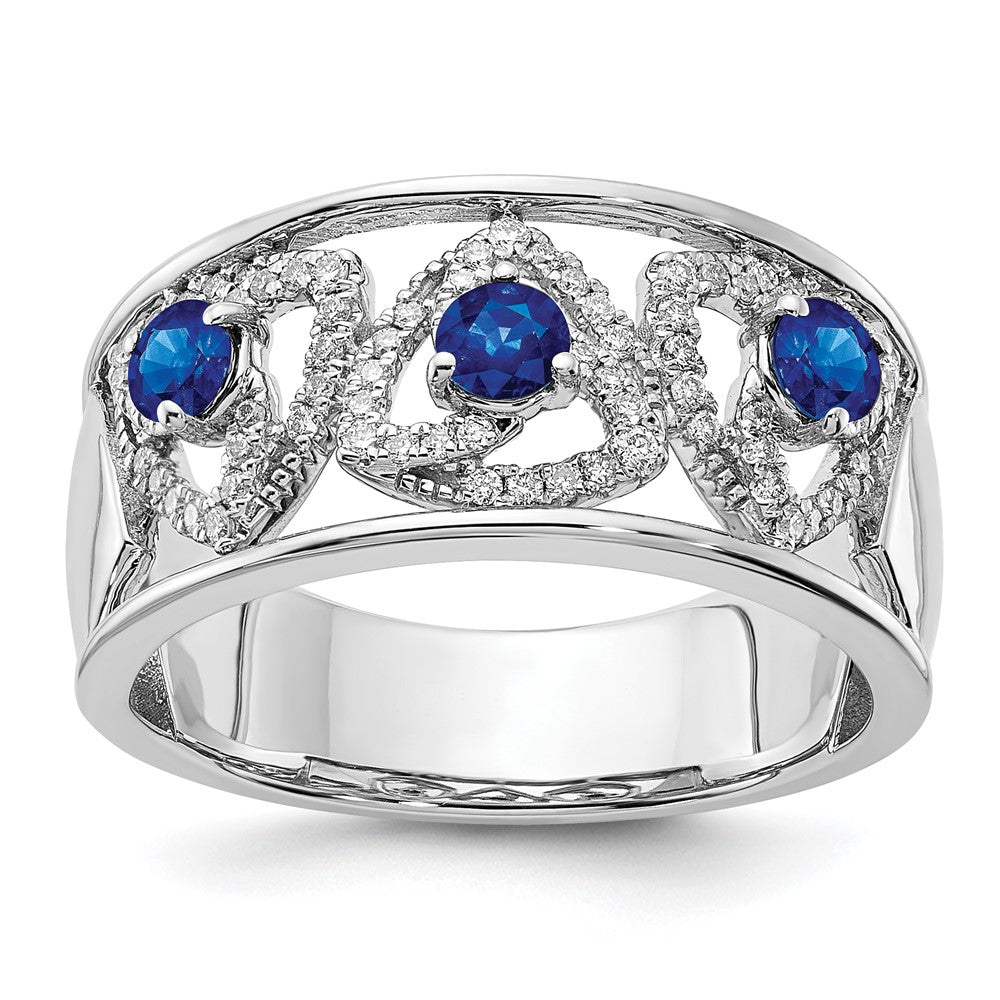 14K Weißgold Ring mit echten Diamant- und Blau-Saphir-Dreiecken