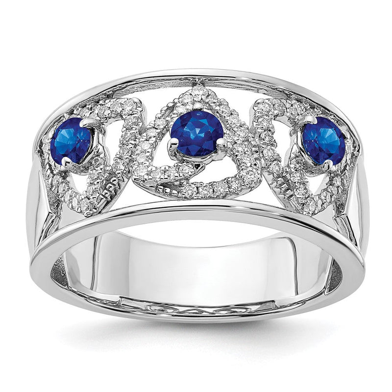 14K Weißgold Ring mit echten Diamant- und Blau-Saphir-Dreiecken