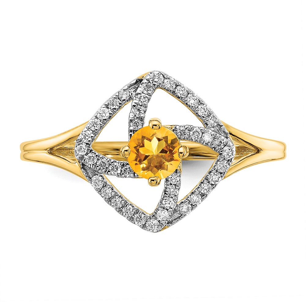 14K Gelbgold Poliert Ring mit echtem Diamant und Citrin, quadratisch