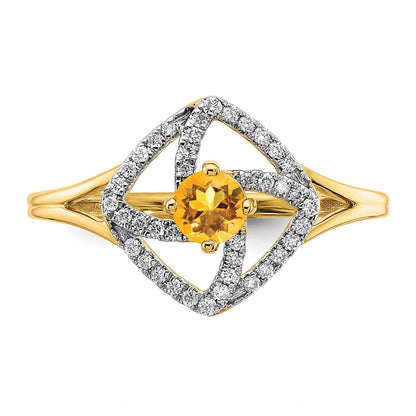 14K Gelbgold Poliert Ring mit echtem Diamant und Citrin, quadratisch