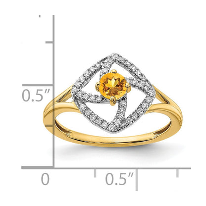 14K Gelbgold Poliert Ring mit echtem Diamant und Citrin, quadratisch