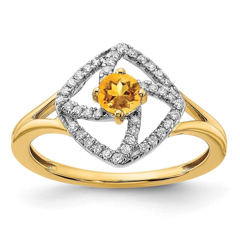 14K Gelbgold Poliert Ring mit echtem Diamant und Citrin, quadratisch