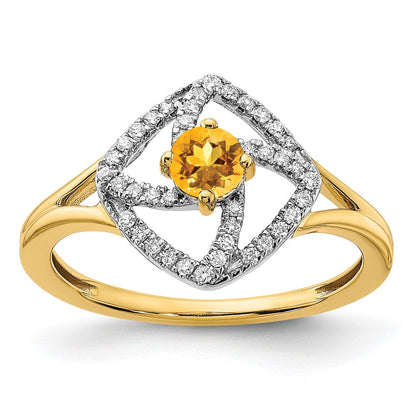 14K Gelbgold Poliert Ring mit echtem Diamant und Citrin, quadratisch