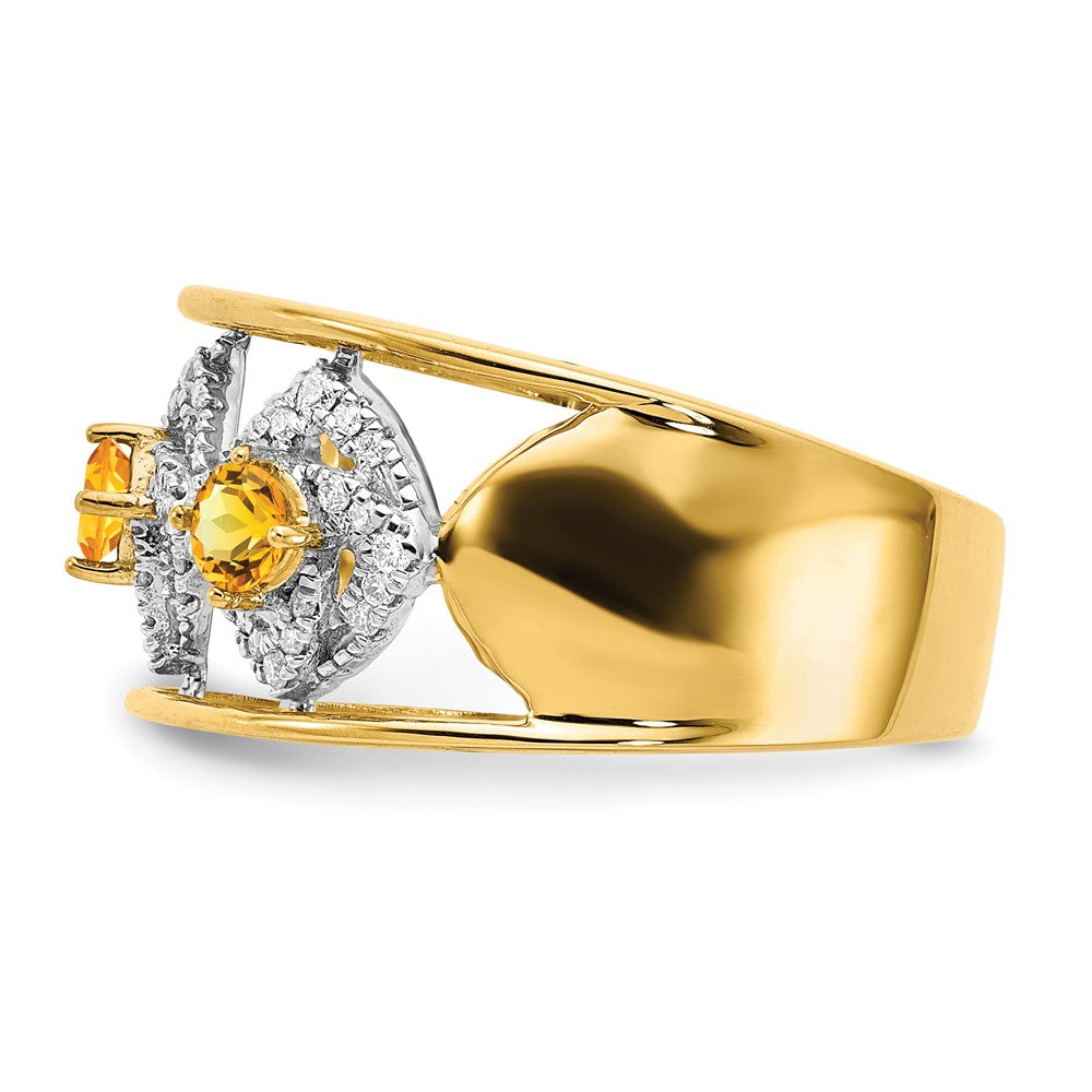 14K Gelbgold Poliert Ring mit echten Diamanten und Citrin-Quadraten