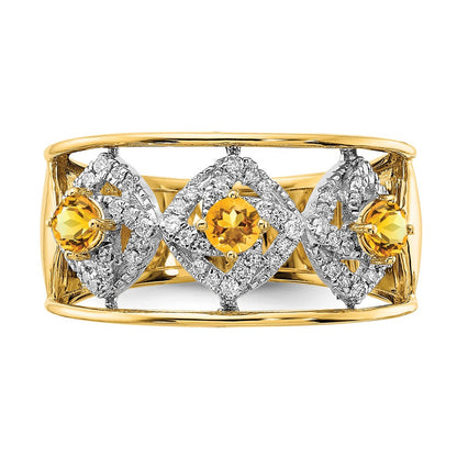 14K Gelbgold Poliert Ring mit echten Diamanten und Citrin-Quadraten