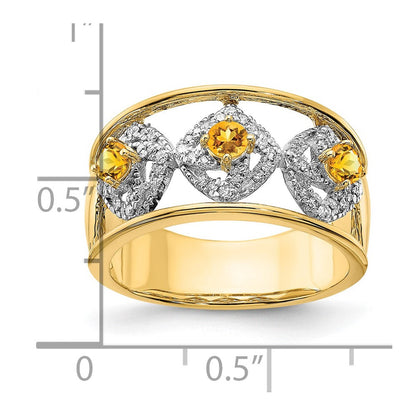 14K Gelbgold Poliert Ring mit echten Diamanten und Citrin-Quadraten