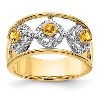 14K Gelbgold Poliert Ring mit echten Diamanten und Citrin-Quadraten