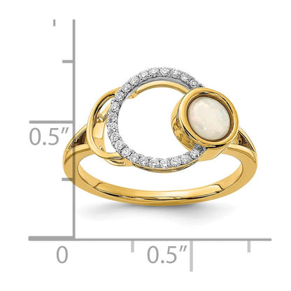 14K Gelbgold Ring mit poliertem Kreis aus echtem Diamant und Opal