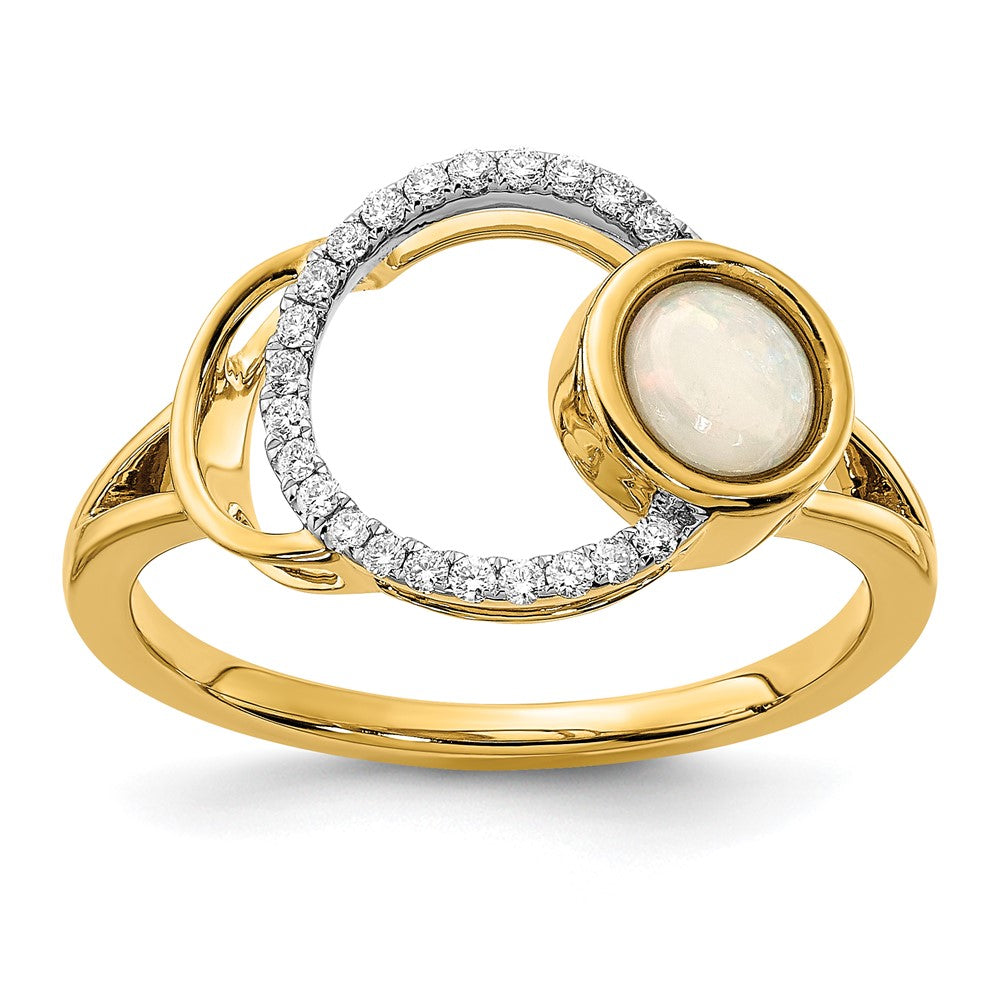 14K Gelbgold Ring mit poliertem Kreis aus echtem Diamant und Opal