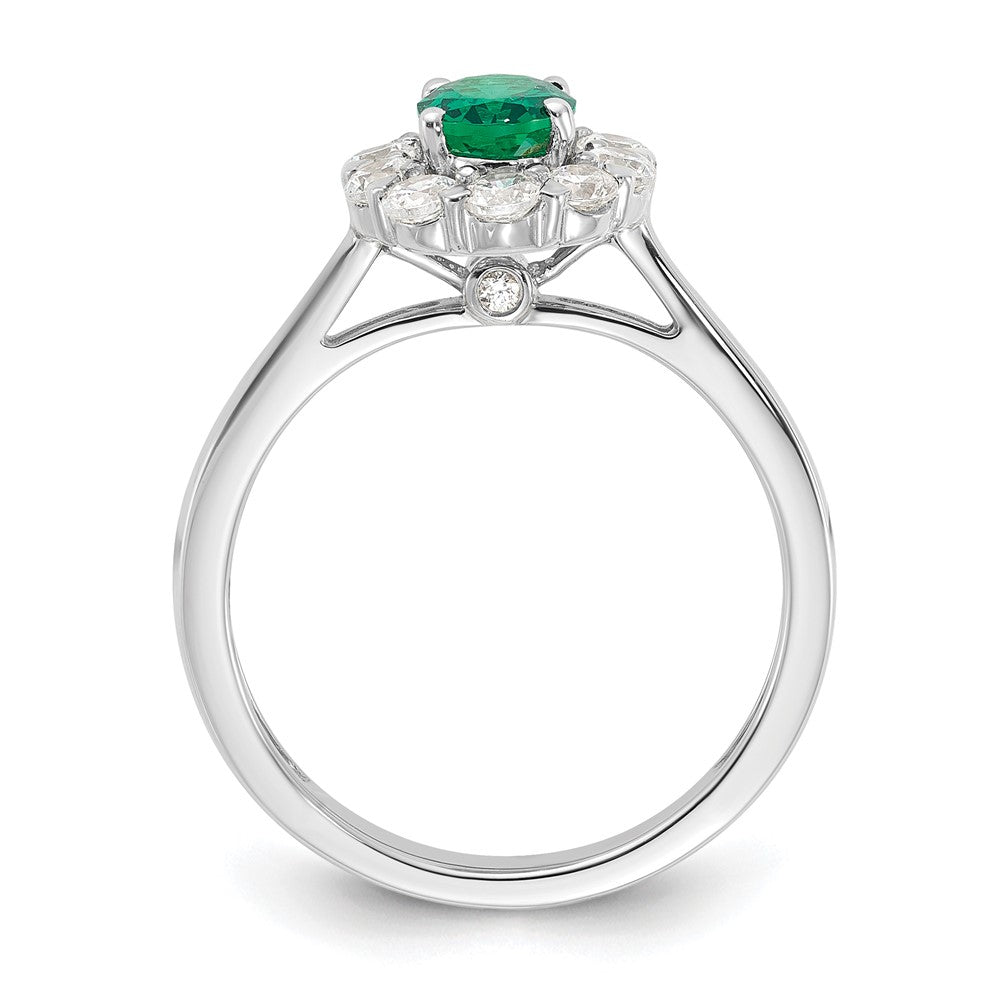 10K Weißgold Fashion-Ring mit 0,625 ct. im Labor gezüchteten Diamanten VS/SI+ G+ und ovalem, im Labor gezüchtetem Smaragd-Halo