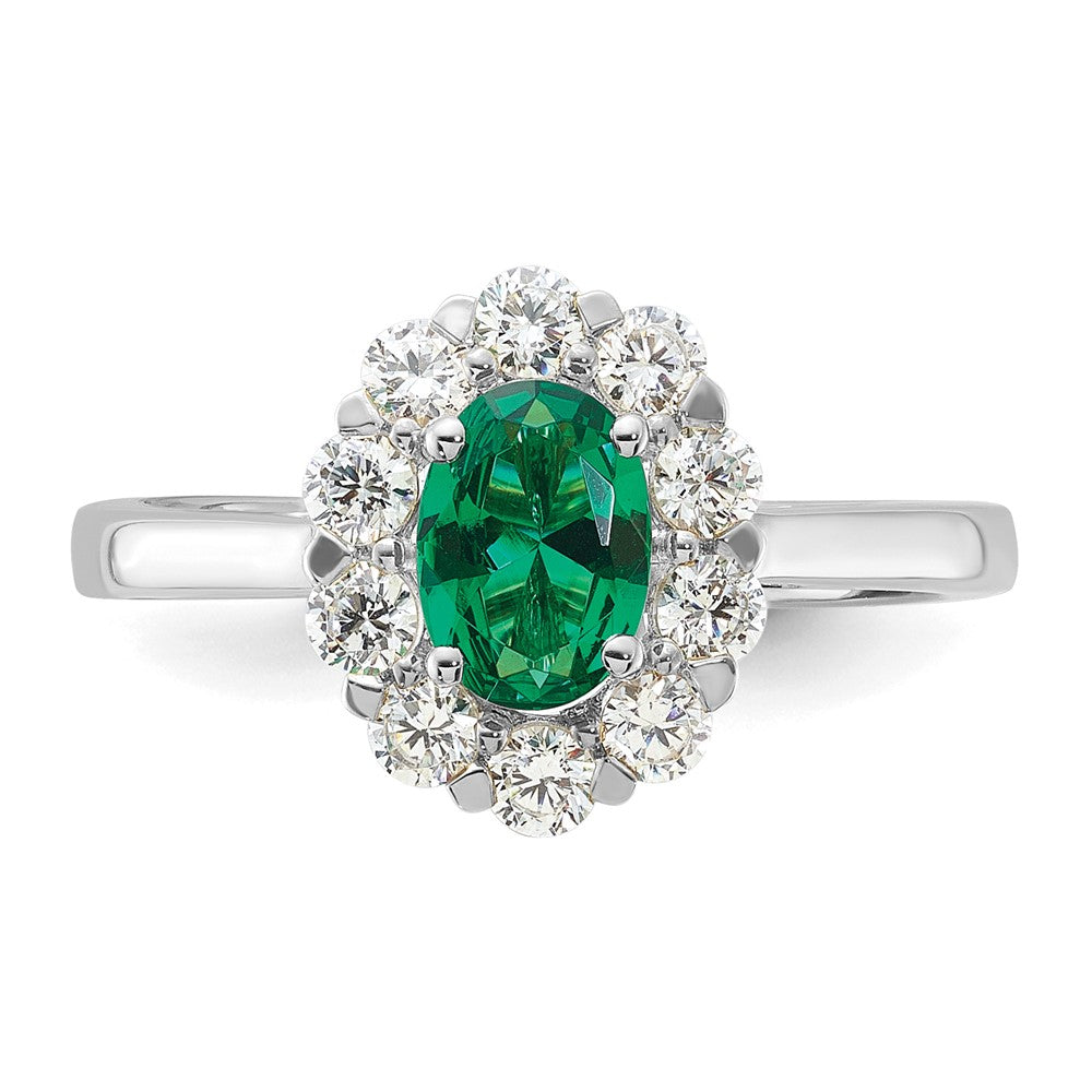 10K Weißgold Fashion-Ring mit 0,625 ct. im Labor gezüchteten Diamanten VS/SI+ G+ und ovalem, im Labor gezüchtetem Smaragd-Halo