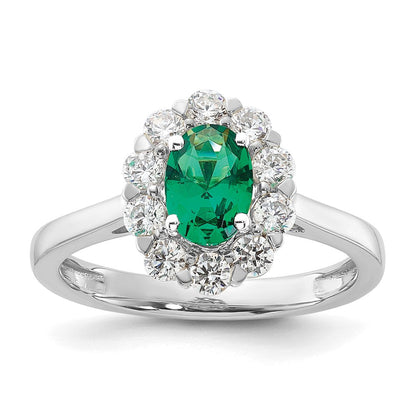 14K Weißgold Fashion-Ring mit 0,625 ct. Laborgezüchteten Diamanten VS/SI+ G+ und ovalem laborgezüchtetem Smaragd-Halo
