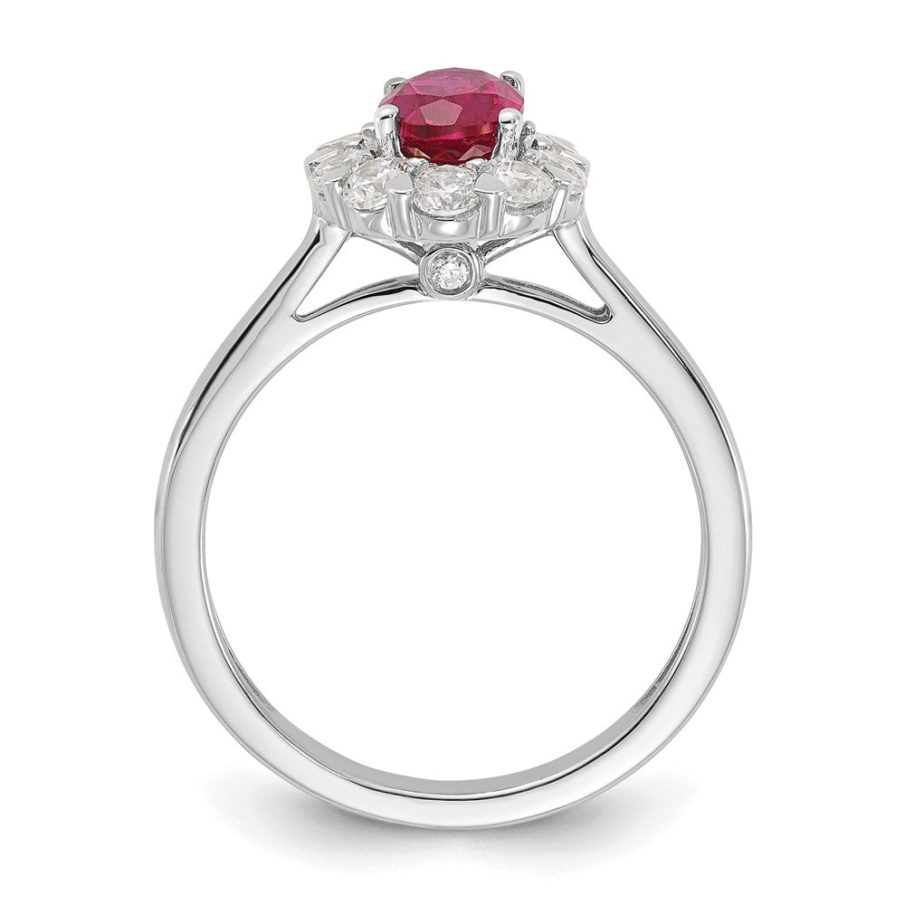 14K Weißgold Ring mit 0,625 ct. Labor gezüchteten Diamanten VS/SI+ G+ und ovalen laborgezüchteten Rubinen, Halo-Fashion-Design