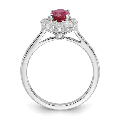 14K Weißgold Ring mit 0,625 ct. Labor gezüchteten Diamanten VS/SI+ G+ und ovalen laborgezüchteten Rubinen, Halo-Fashion-Design