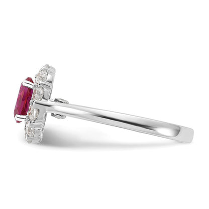 14K Weißgold Ring mit 0,625 ct. Labor gezüchteten Diamanten VS/SI+ G+ und ovalen laborgezüchteten Rubinen, Halo-Fashion-Design