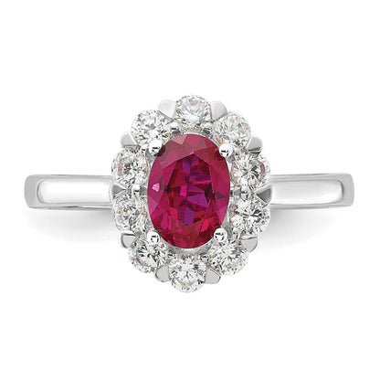 14K Weißgold Ring mit 0,625 ct. Labor gezüchteten Diamanten VS/SI+ G+ und ovalen laborgezüchteten Rubinen, Halo-Fashion-Design