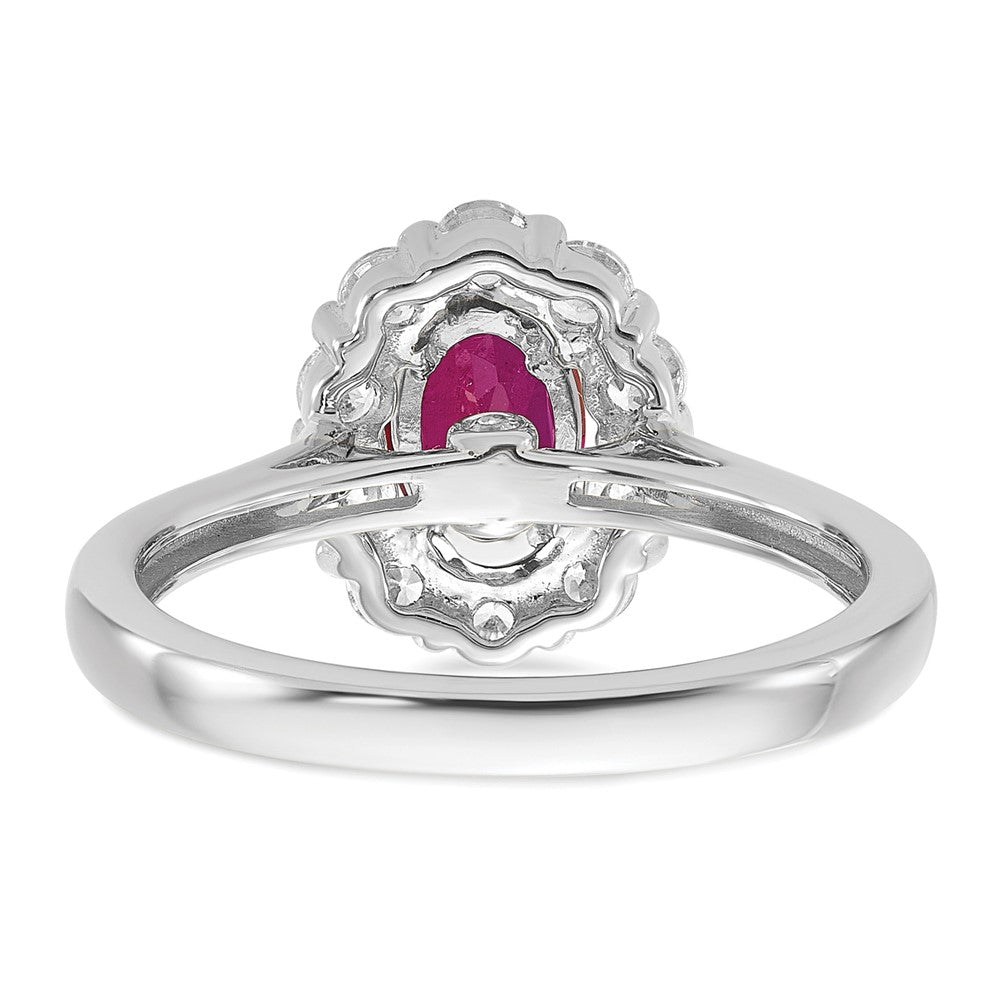 14K Weißgold Ring mit 0,625 ct. Labor gezüchteten Diamanten VS/SI+ G+ und ovalen laborgezüchteten Rubinen, Halo-Fashion-Design