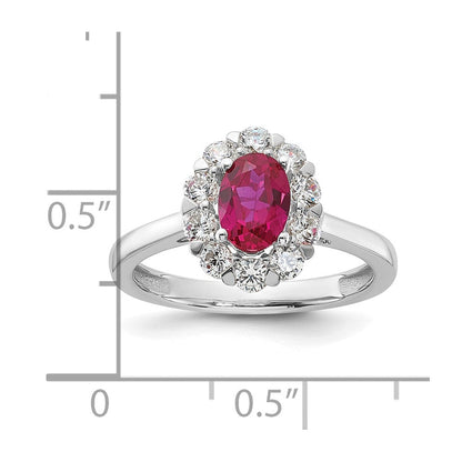 14K Weißgold Ring mit 0,625 ct. Labor gezüchteten Diamanten VS/SI+ G+ und ovalen laborgezüchteten Rubinen, Halo-Fashion-Design