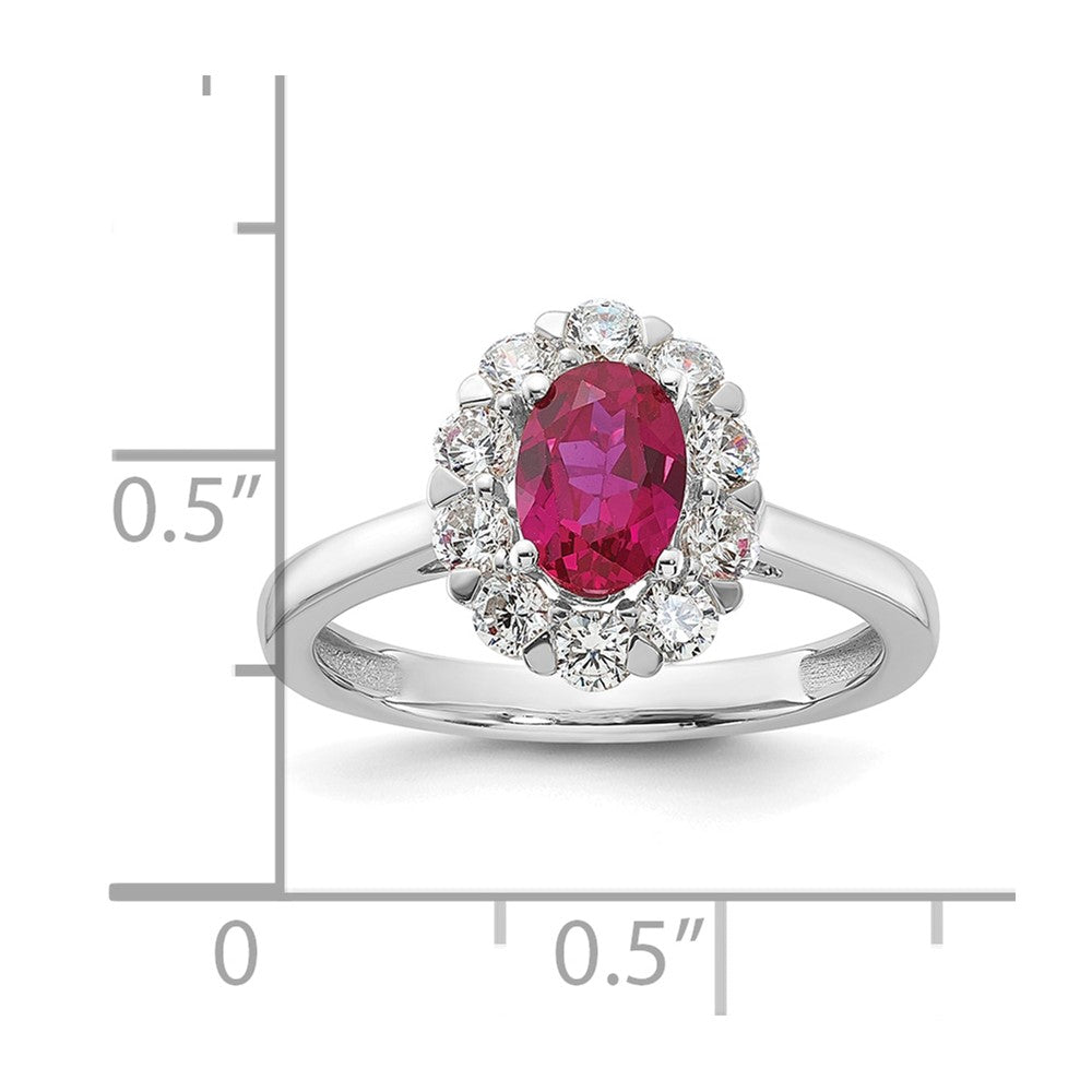 10K Weißgold Fashion-Ring mit 0,625 ct. im Labor gezüchteten Diamanten VS/SI+ G+ und ovalem im Labor gezüchteten Rubin-Halo