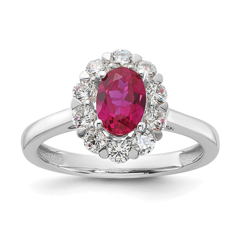 10K Weißgold Fashion-Ring mit 0,625 ct. im Labor gezüchteten Diamanten VS/SI+ G+ und ovalem im Labor gezüchteten Rubin-Halo