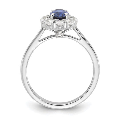 14K Weißgold Ring mit 0,625 ct. im Labor gezüchteten Diamanten VS/SI+ G+ und ovalem im Labor gezüchtetem blauem Saphir in Halo-Fassung