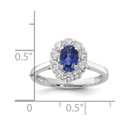 14K Weißgold Ring mit 0,625 ct. im Labor gezüchteten Diamanten VS/SI+ G+ und ovalem im Labor gezüchtetem blauem Saphir in Halo-Fassung