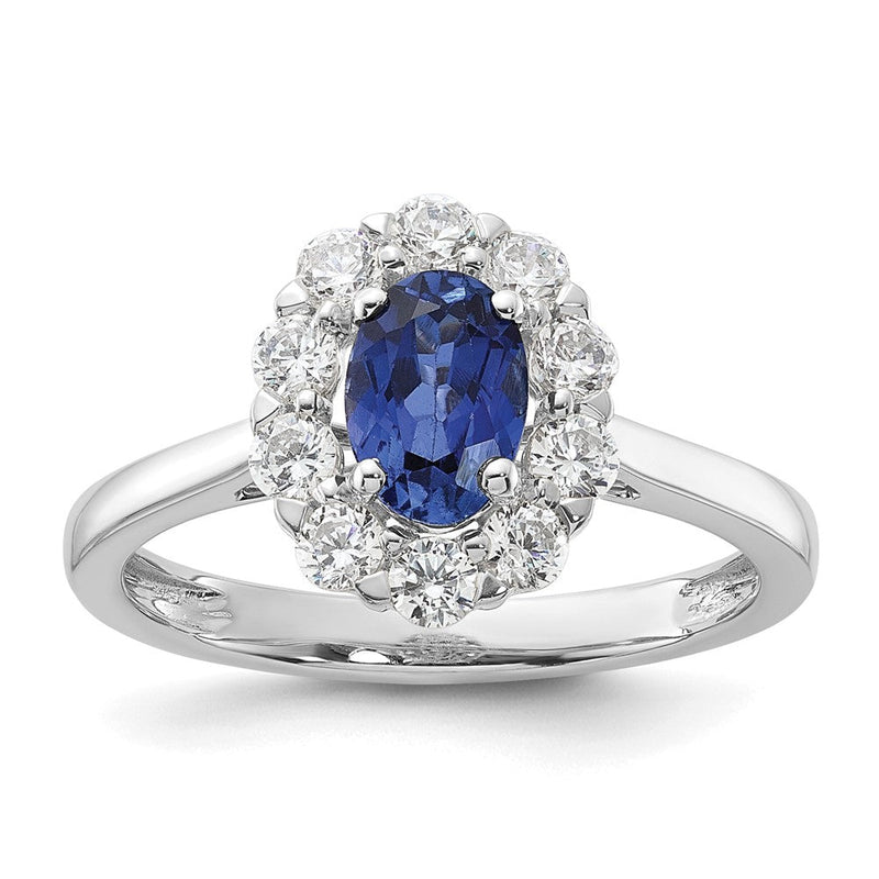 10K Weißgold Ring mit 0,625 ct. im Labor gezüchteten Diamanten VS/SI+ G+ und ovalem im Labor gezüchtetem blauem Saphir-Halo