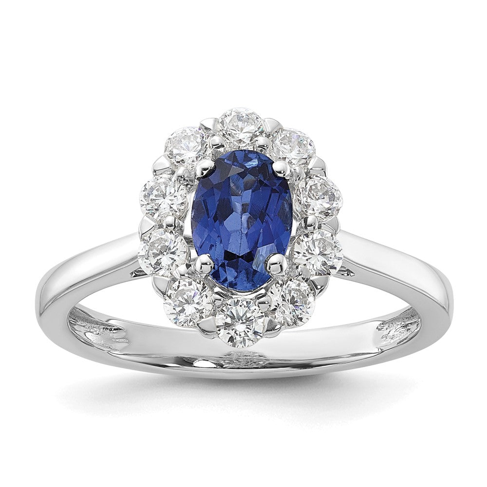 14K Weißgold Ring mit 0,625 ct. im Labor gezüchteten Diamanten VS/SI+ G+ und ovalem im Labor gezüchtetem blauem Saphir in Halo-Fassung