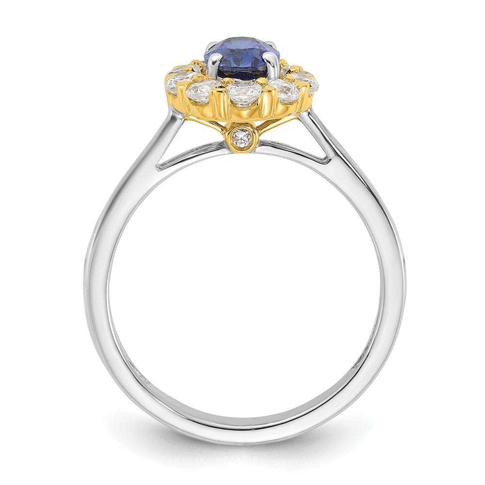 14K Bicolor Halo-Modering mit 0,625 ct. laborgezüchtetem Diamant VS/SI+ G+ und ovalem laborgezüchtetem blauem Saphir