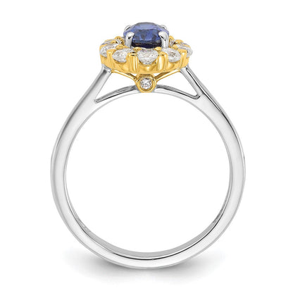14K Bicolor Halo-Modering mit 0,625 ct. laborgezüchtetem Diamant VS/SI+ G+ und ovalem laborgezüchtetem blauem Saphir
