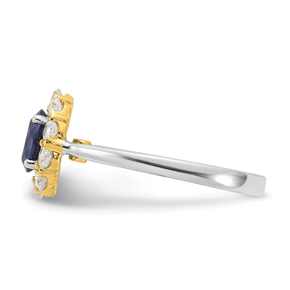 14K Bicolor Halo-Modering mit 0,625 ct. laborgezüchtetem Diamant VS/SI+ G+ und ovalem laborgezüchtetem blauem Saphir