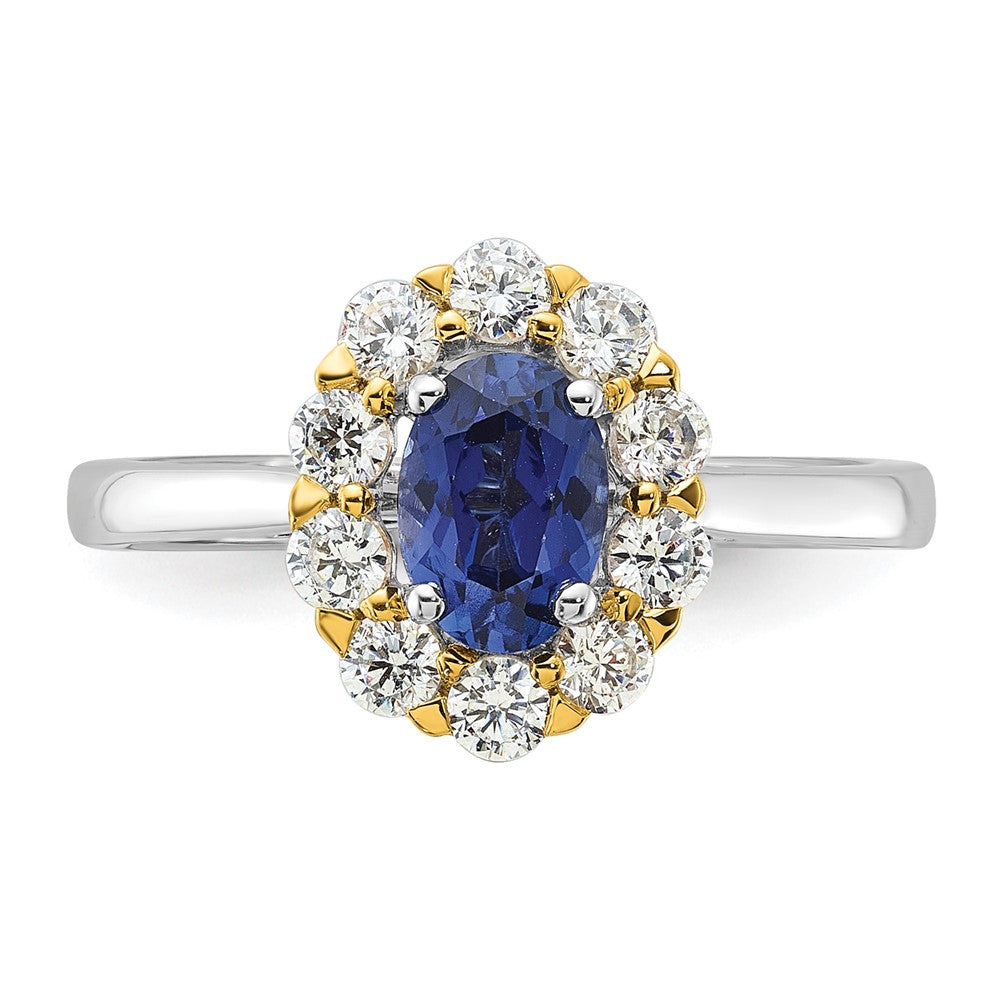 14K Bicolor Halo-Modering mit 0,625 ct. laborgezüchtetem Diamant VS/SI+ G+ und ovalem laborgezüchtetem blauem Saphir