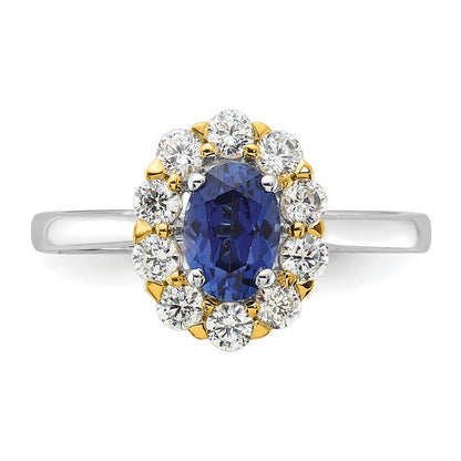 14K Bicolor Halo-Modering mit 0,625 ct. laborgezüchtetem Diamant VS/SI+ G+ und ovalem laborgezüchtetem blauem Saphir