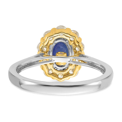 14K Bicolor Halo-Modering mit 0,625 ct. laborgezüchtetem Diamant VS/SI+ G+ und ovalem laborgezüchtetem blauem Saphir