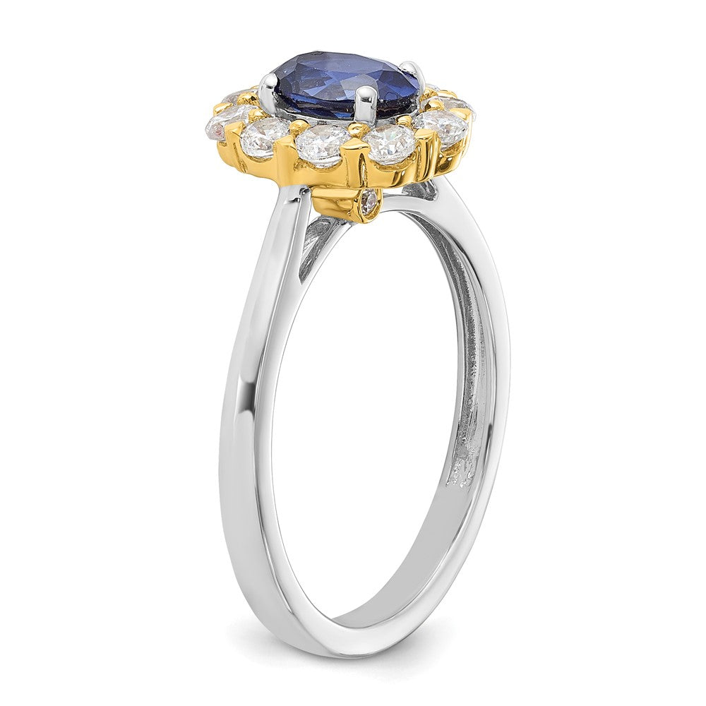 14K Bicolor Halo-Modering mit 0,625 ct. laborgezüchtetem Diamant VS/SI+ G+ und ovalem laborgezüchtetem blauem Saphir