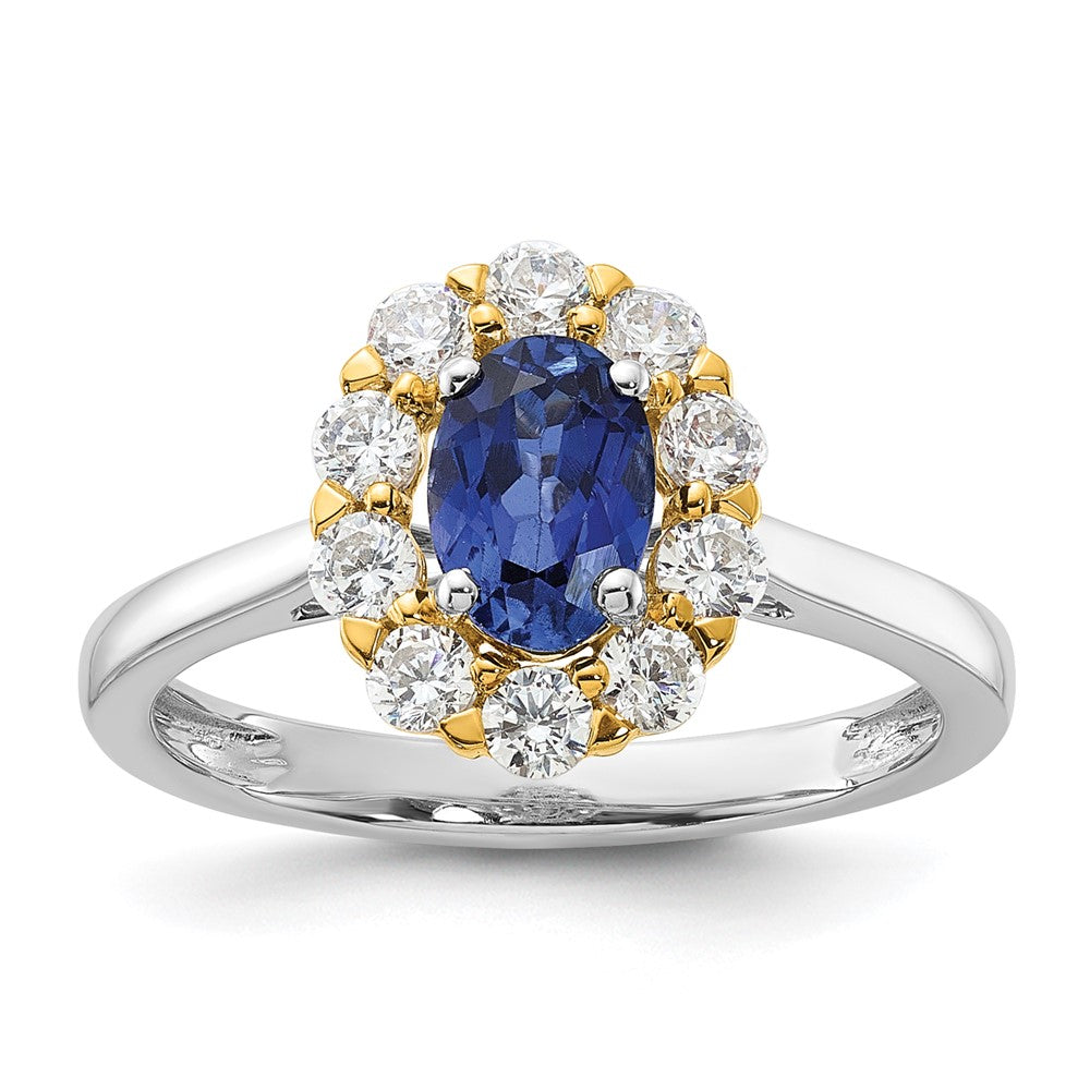 14K Bicolor Halo-Modering mit 0,625 ct. laborgezüchtetem Diamant VS/SI+ G+ und ovalem laborgezüchtetem blauem Saphir