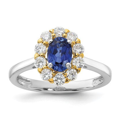 14K Bicolor Halo-Modering mit 0,625 ct. laborgezüchtetem Diamant VS/SI+ G+ und ovalem laborgezüchtetem blauem Saphir