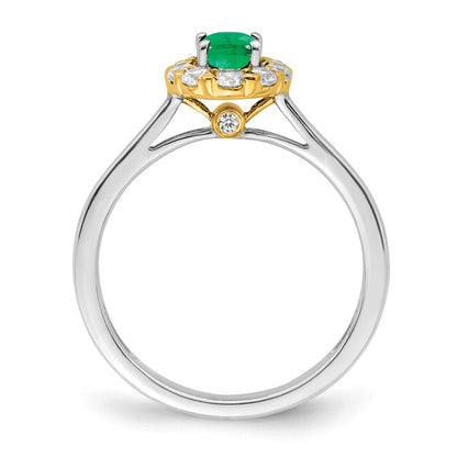 14K Bicolor Ring mit 0,625 ct. Labor gezüchteten Diamanten VS/SI+ G+ und ovalem Labor gezüchteten Smaragd, Halo-Fassung