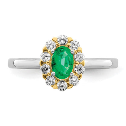 14K Bicolor Gold Ring mit Smaragd und echten Diamanten im Halo-Design