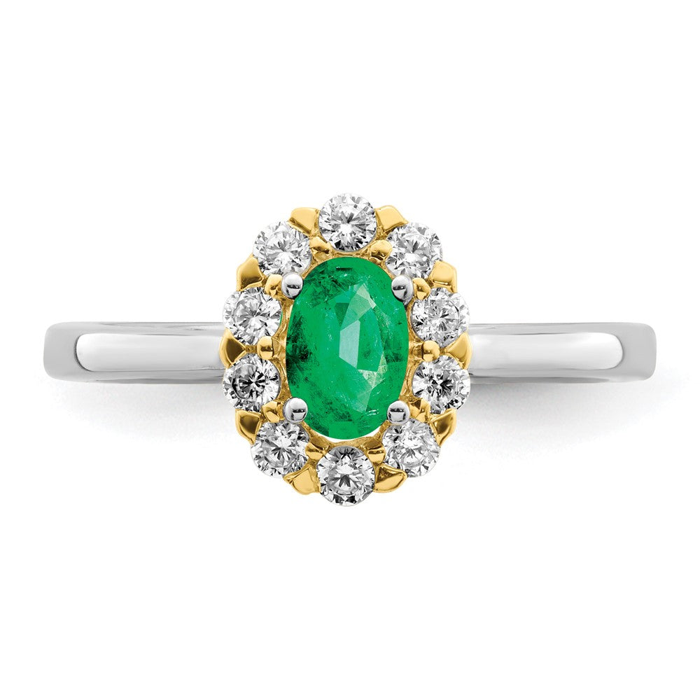 14K Bicolor Ring mit 0,625 ct. Labor gezüchteten Diamanten VS/SI+ G+ und ovalem Labor gezüchteten Smaragd, Halo-Fassung