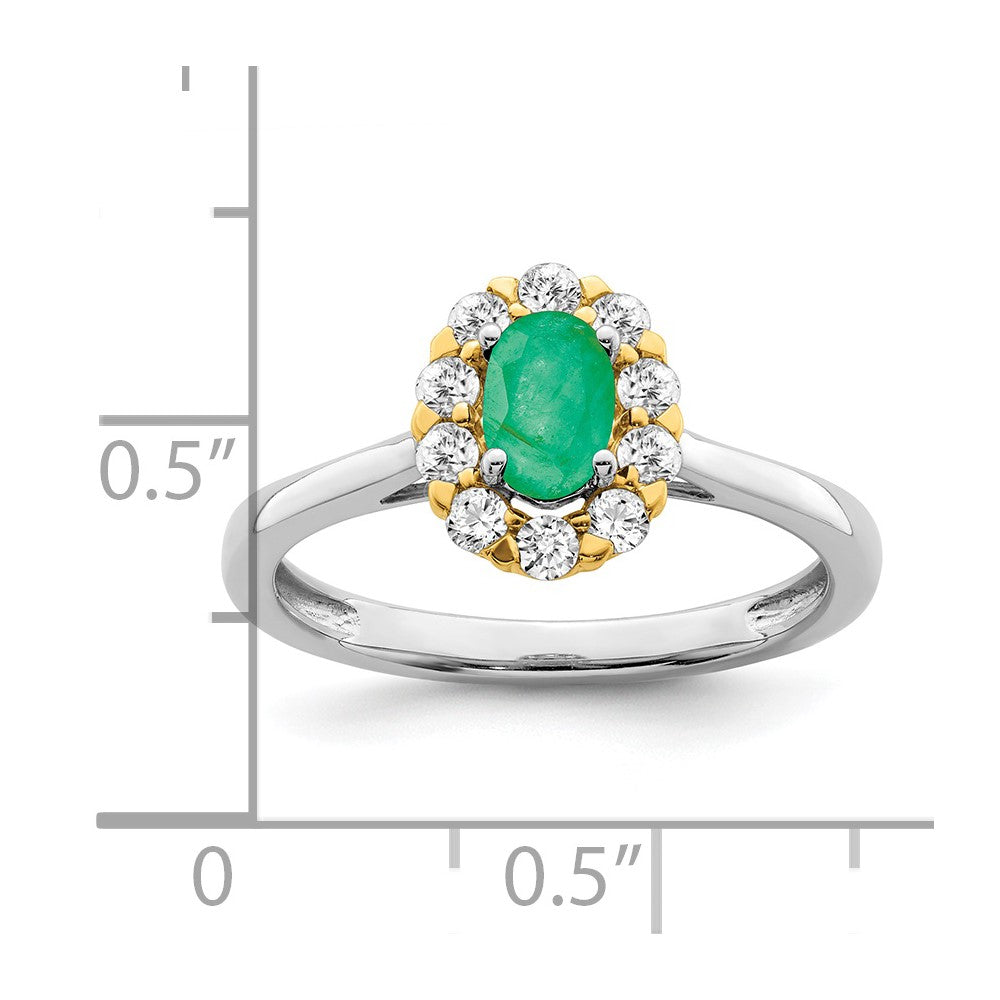 14K Bicolor Ring mit 0,625 ct. Labor gezüchteten Diamanten VS/SI+ G+ und ovalem Labor gezüchteten Smaragd, Halo-Fassung